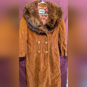 Elegant burnt Orange / Terracotta Long Suede / Leather Fur Collar Coat